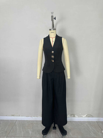 Solid Vest and Wide-Leg Trousers Set with V-Neck and Decorative Buttons