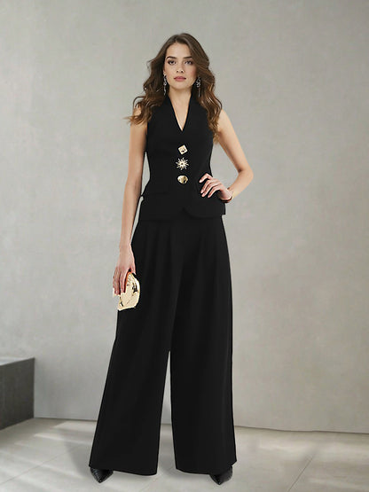 Solid Vest and Wide-Leg Trousers Set with V-Neck and Decorative Buttons