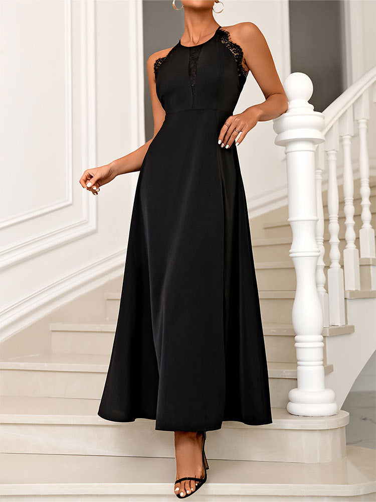 Solid Halter Gown with Lace Trim and High Slit