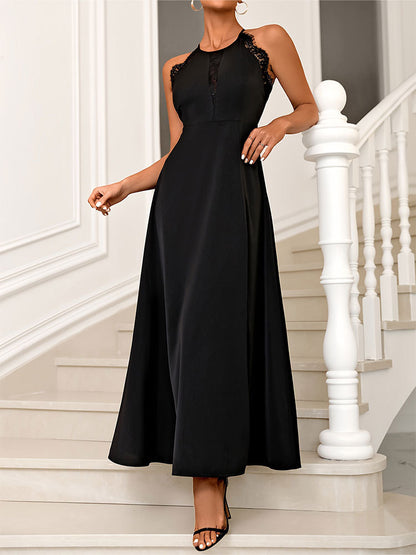 Solid Halter Gown with Lace Trim and High Slit
