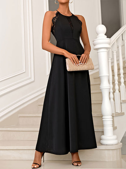 Solid Halter Gown with Lace Trim and High Slit