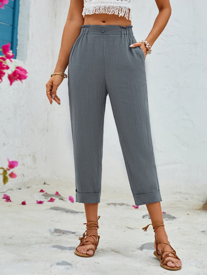 Wide-Leg Cropped Pants with Elastic Waist and Cuffed Hem
