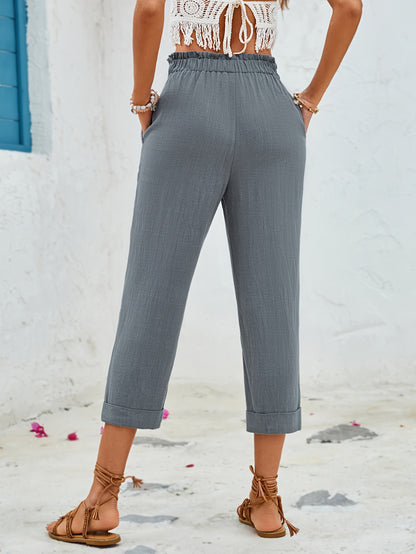 Wide-Leg Cropped Pants with Elastic Waist and Cuffed Hem