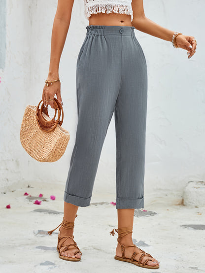 Wide-Leg Cropped Pants with Elastic Waist and Cuffed Hem