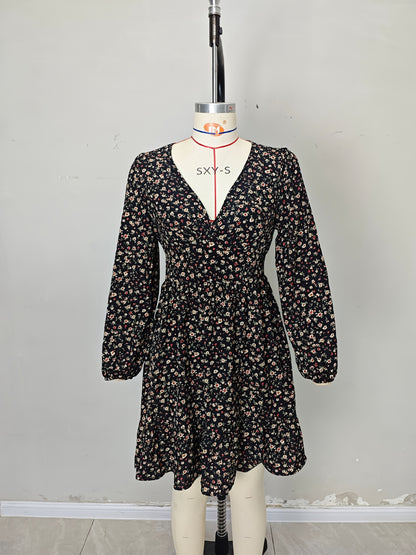 Floral Mini Dress with High Waist, V-Neck, and Lantern Sleeves