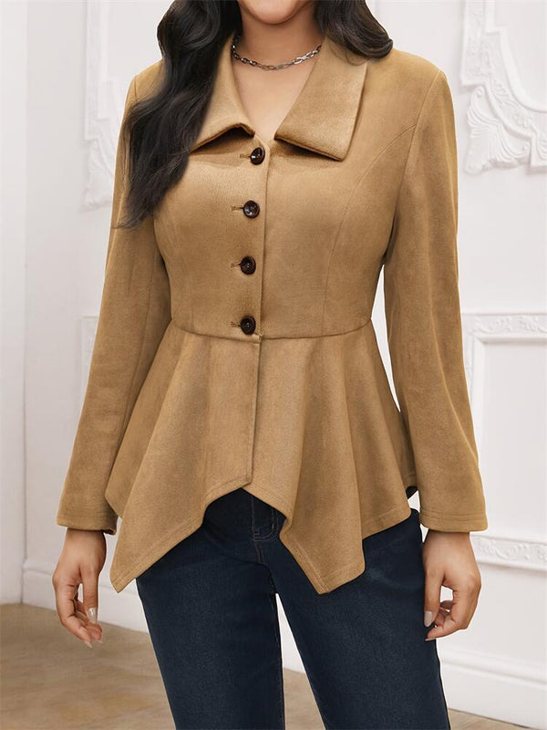 Faux Suede Peplum Jacket with Lapel and Irregular Hem