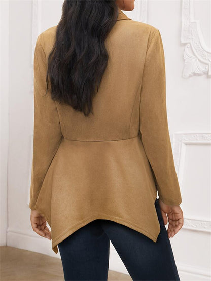 Faux Suede Peplum Jacket with Lapel and Irregular Hem