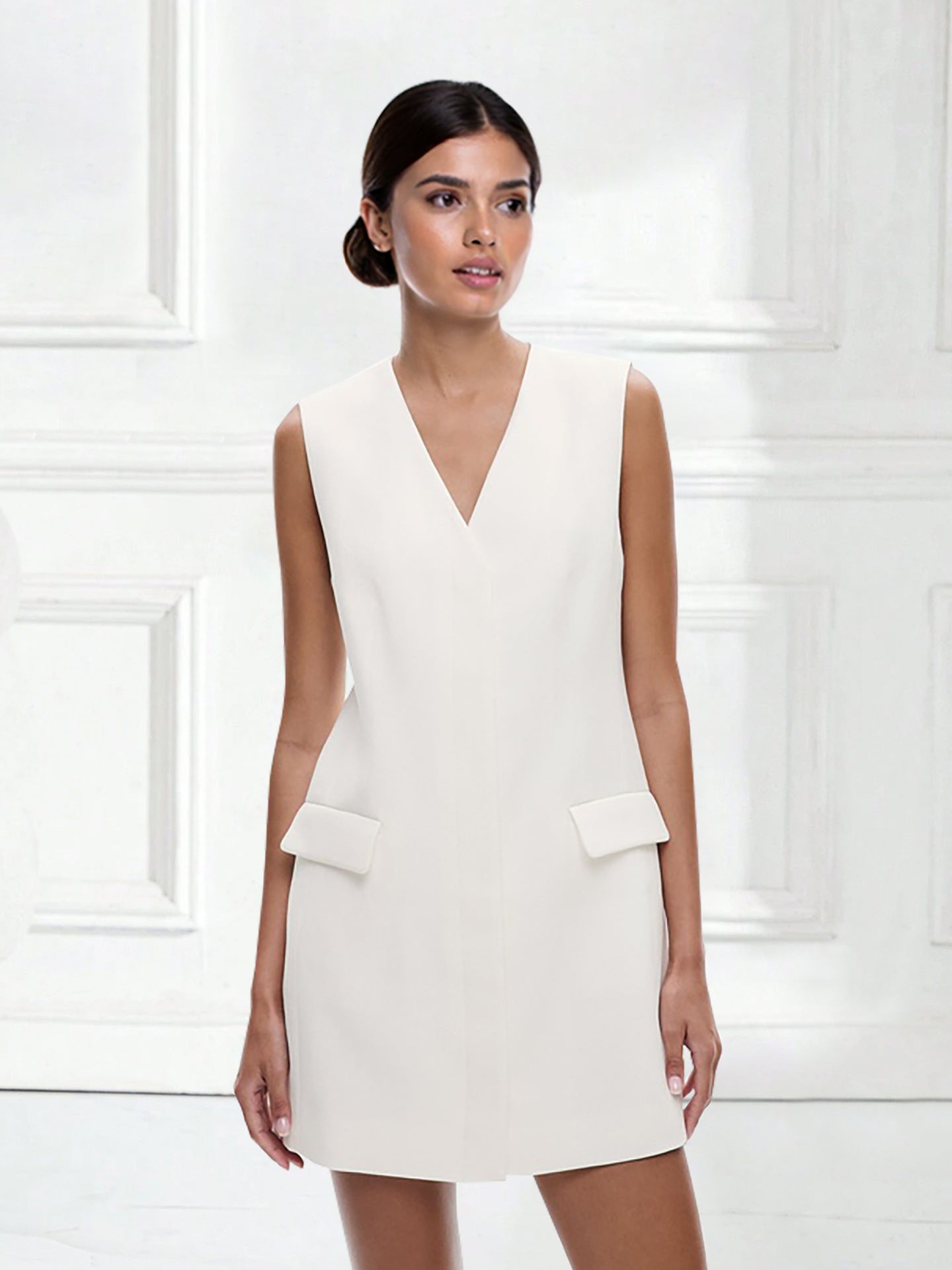 Sleeveless Shift Mini Dress with V-Neck and Flap Pockets