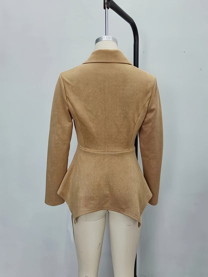 Faux Suede Peplum Jacket with Lapel and Irregular Hem