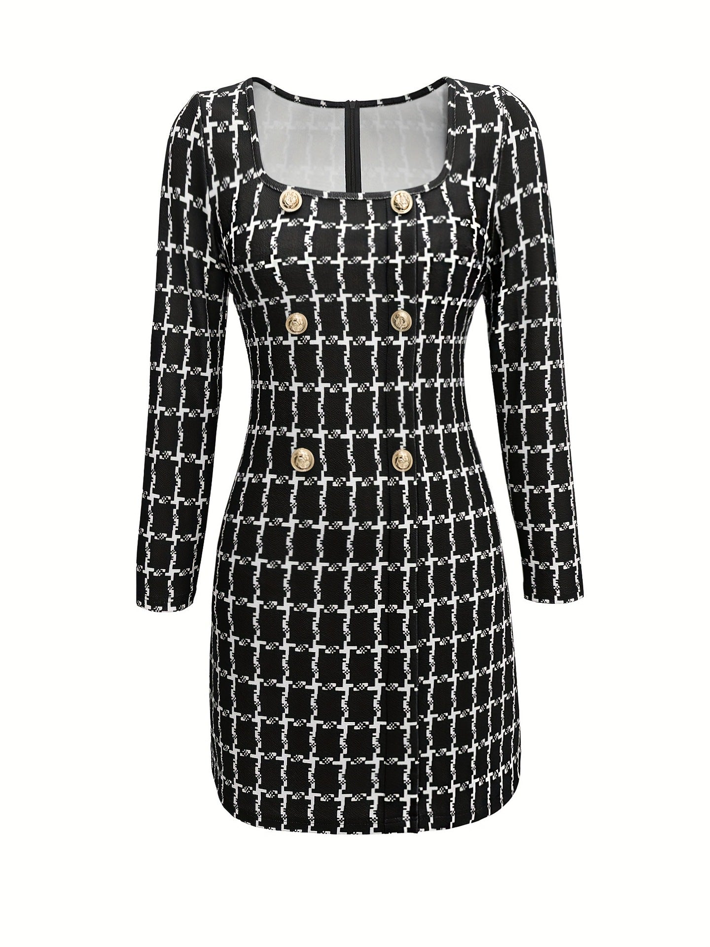 Plaid A-Line Mini Dress with Square Neck and Gold Buttons