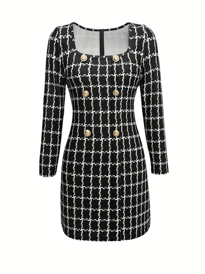 Plaid A-Line Mini Dress with Square Neck and Gold Buttons