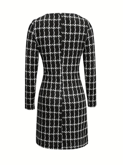 Plaid A-Line Mini Dress with Square Neck and Gold Buttons