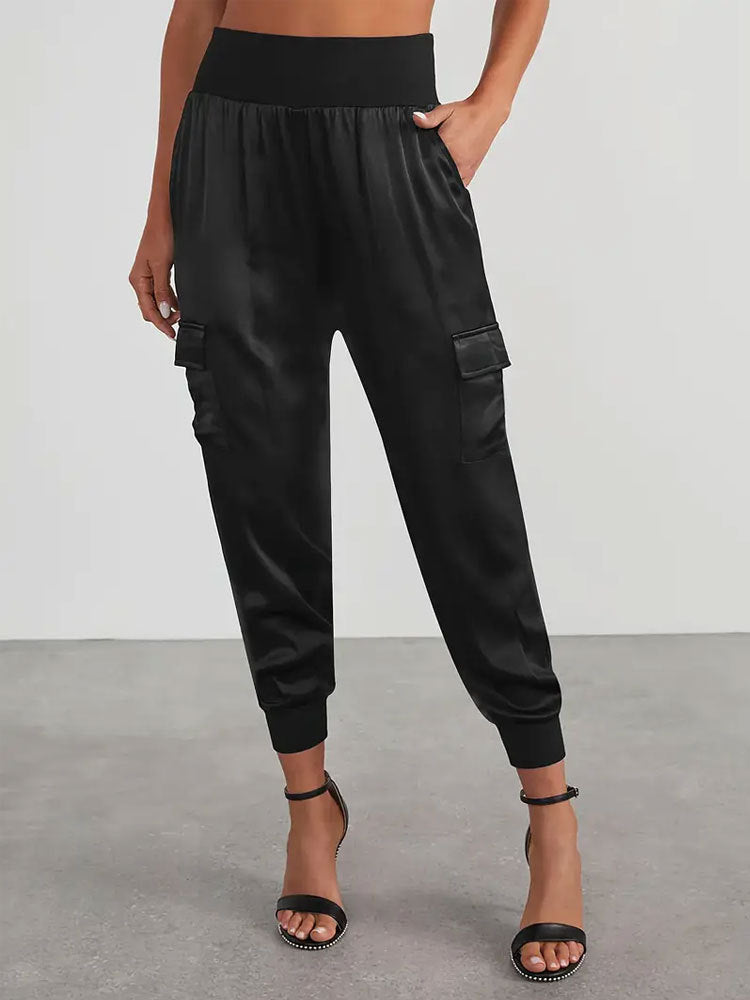 Satin Cargo Jogger Pants with High Waist
