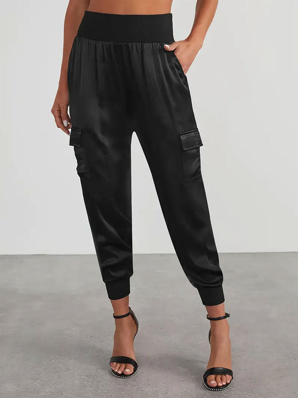 Satin Cargo Jogger Pants with High Waist