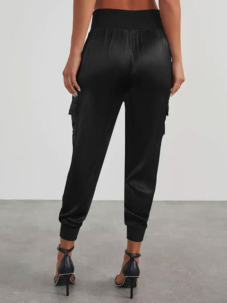 Satin Cargo Jogger Pants with High Waist