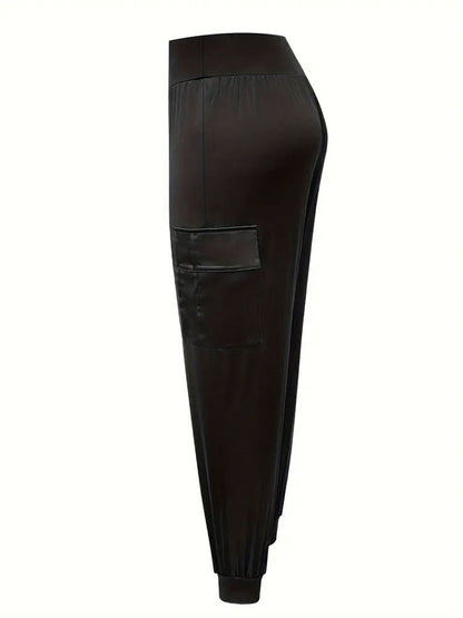 Satin Cargo Jogger Pants with High Waist