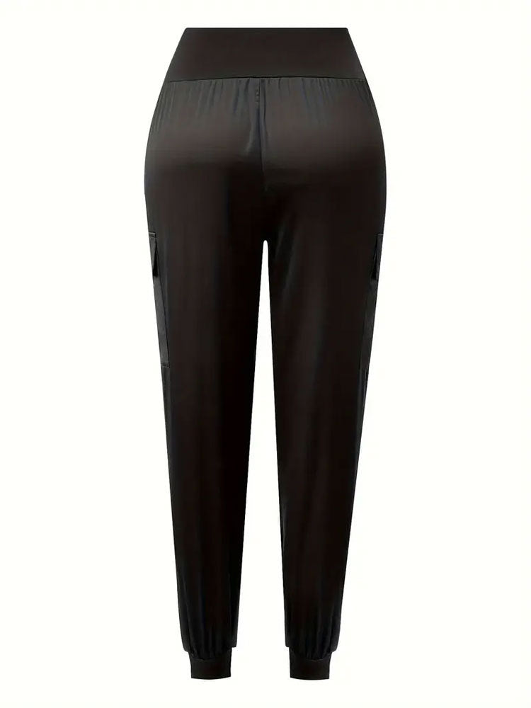 Satin Cargo Jogger Pants with High Waist
