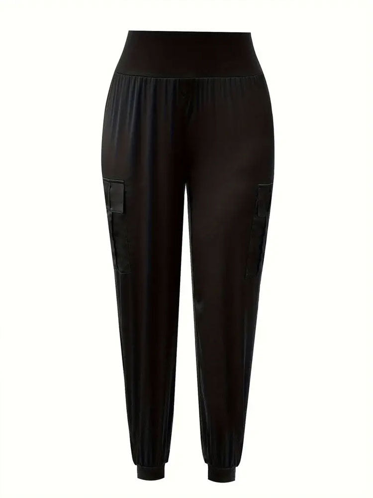 Satin Cargo Jogger Pants with High Waist