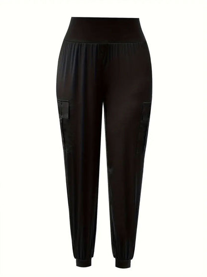 Satin Cargo Jogger Pants with High Waist