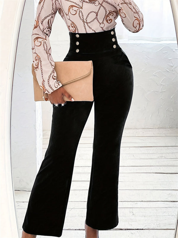 Slim Micro Flared Trousers with High-Waist Buttons