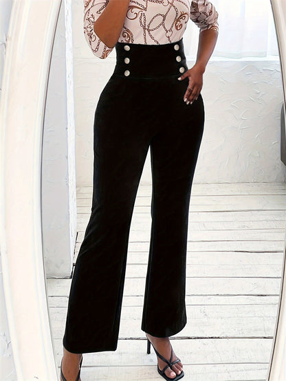 Slim Micro Flared Trousers with High-Waist Buttons