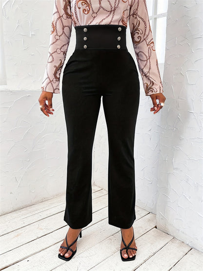 Slim Micro Flared Trousers with High-Waist Buttons