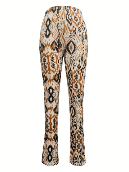 Aztec Print Knitted Trousers with High Waist and Flare