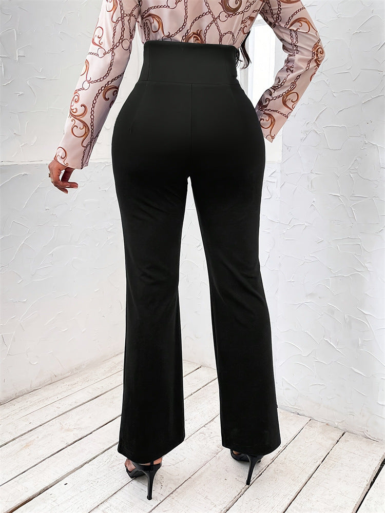 Slim Micro Flared Trousers with High-Waist Buttons