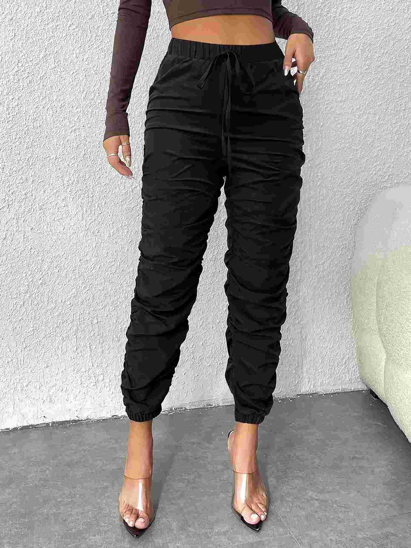 Ruched High-Waist Jogger Pants with Drawstring
