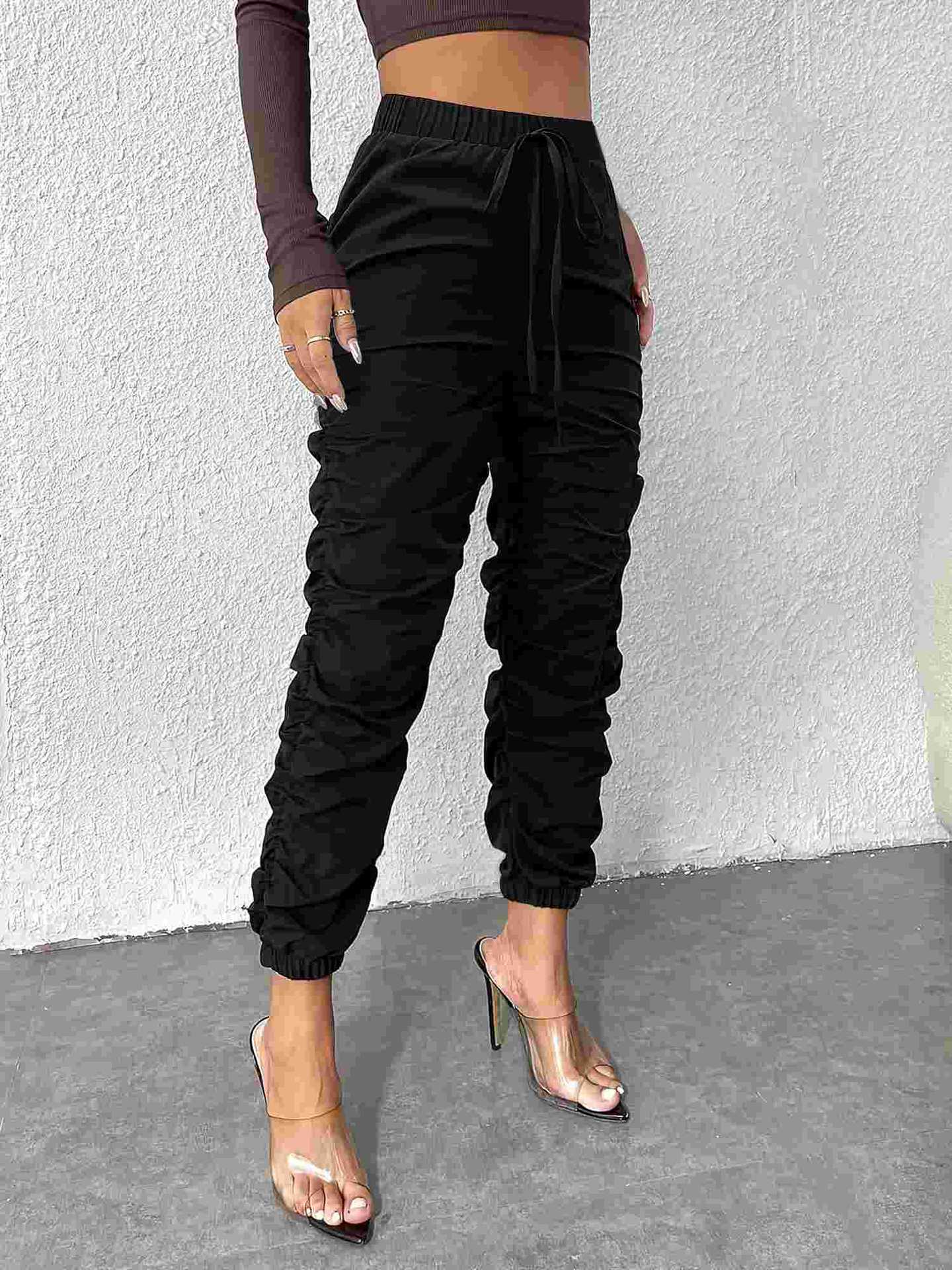 Ruched High-Waist Jogger Pants with Drawstring