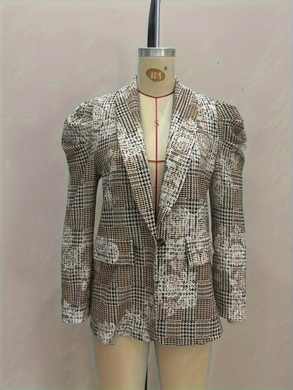 Loose Fit Plaid Blazer with Puff Sleeves