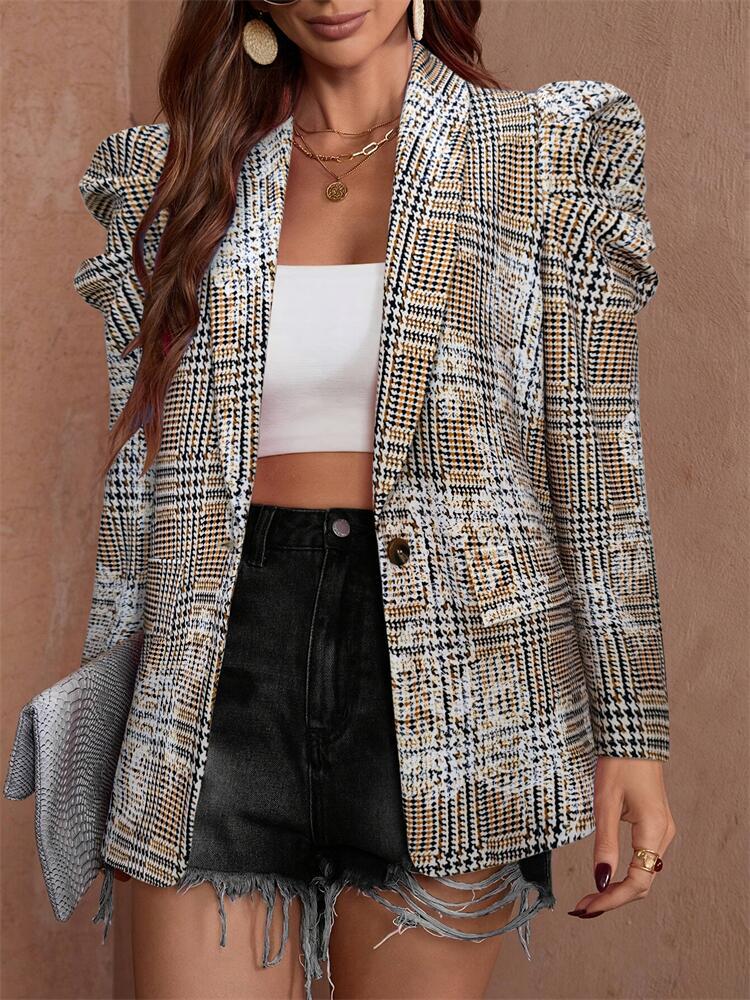 Loose Fit Plaid Blazer with Puff Sleeves
