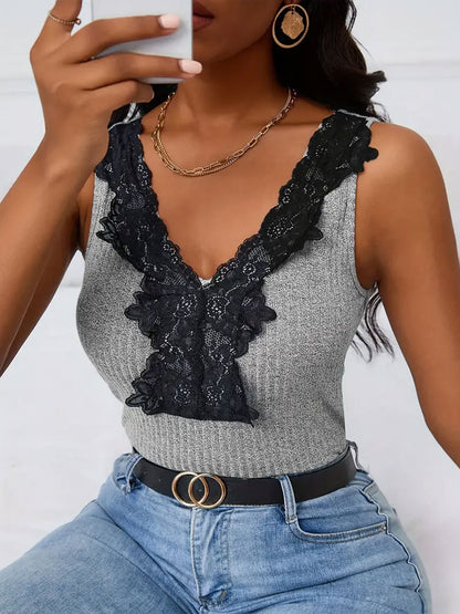 Slim Ribbed Knit Tank Top with Lace V-Neck