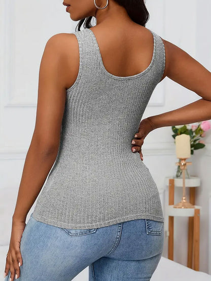 Slim Ribbed Knit Tank Top with Lace V-Neck