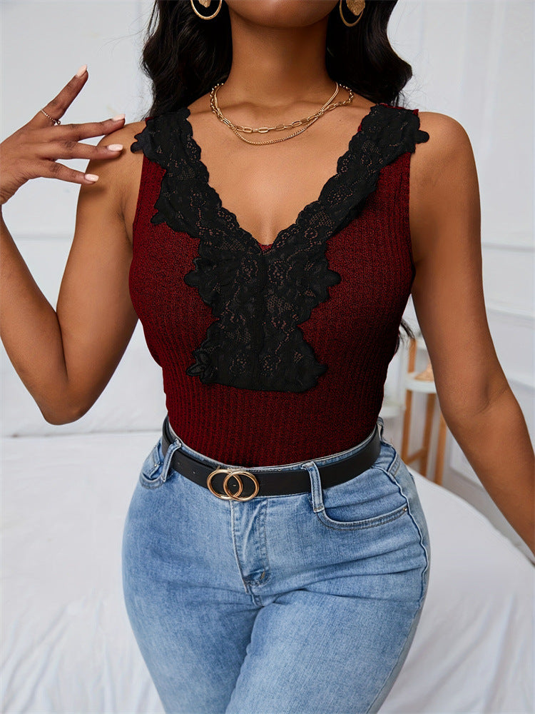 Slim Ribbed Knit Tank Top with Lace V-Neck