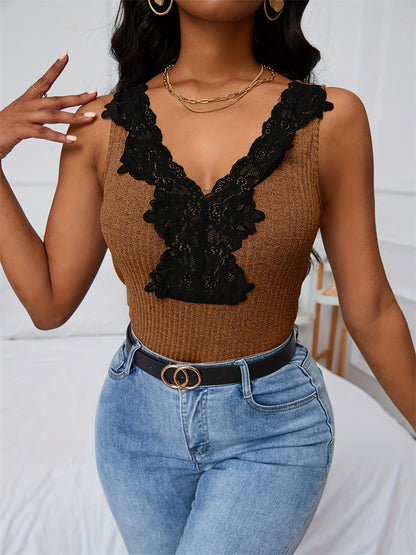 Slim Ribbed Knit Tank Top with Lace V-Neck