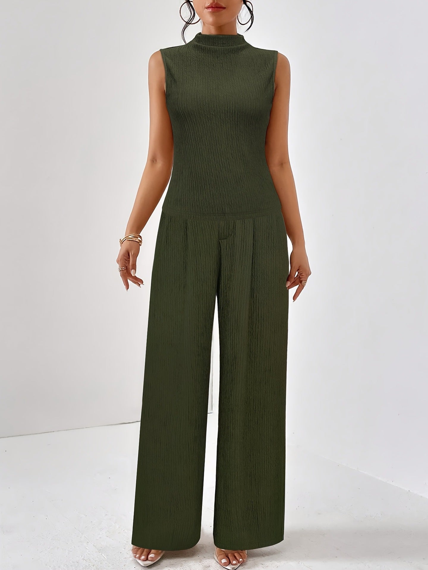 Jacquard Knit Mock Neck Sleeveless Top & Wide-Leg Trousers Set