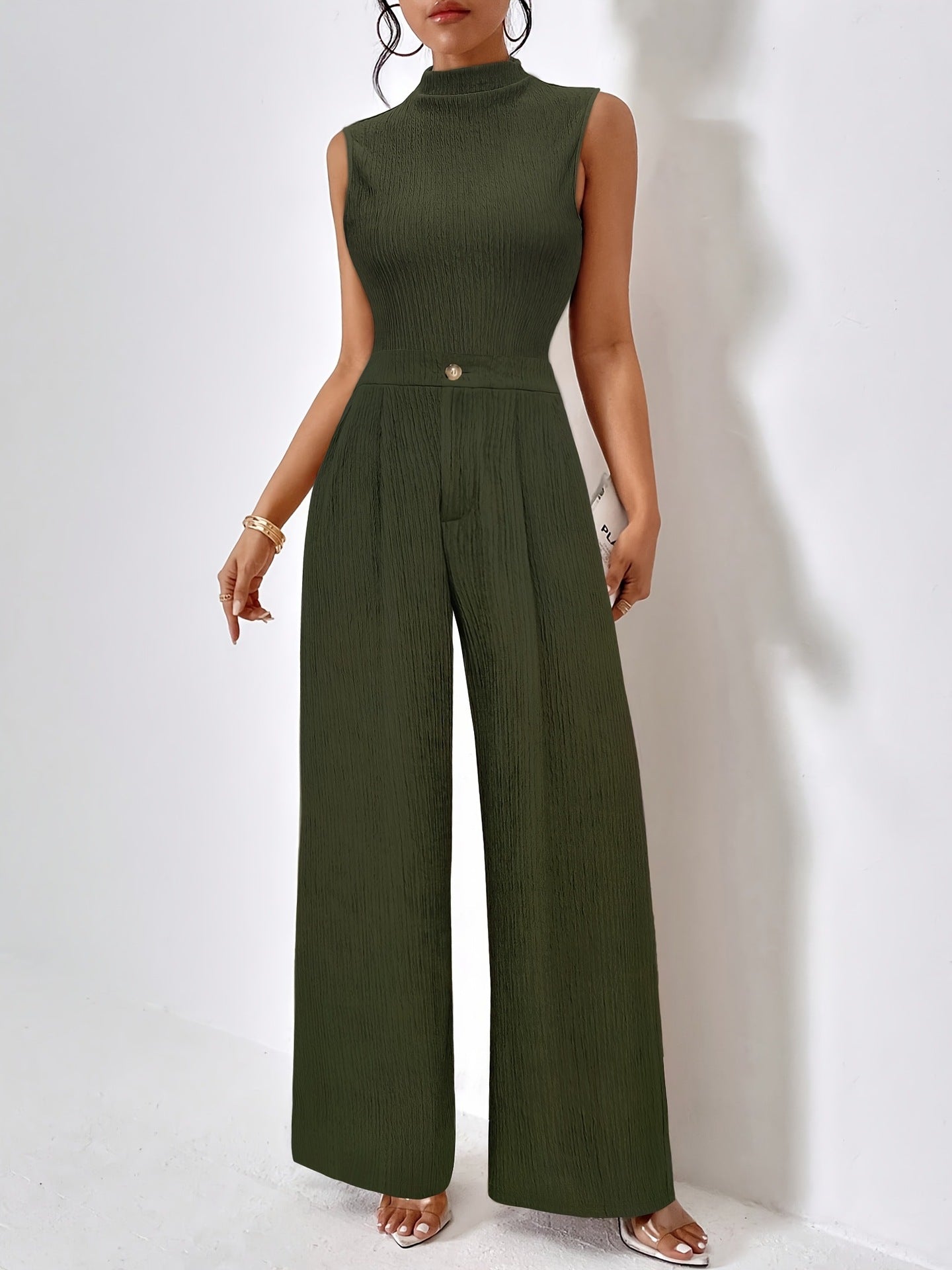 Jacquard Knit Mock Neck Sleeveless Top & Wide-Leg Trousers Set