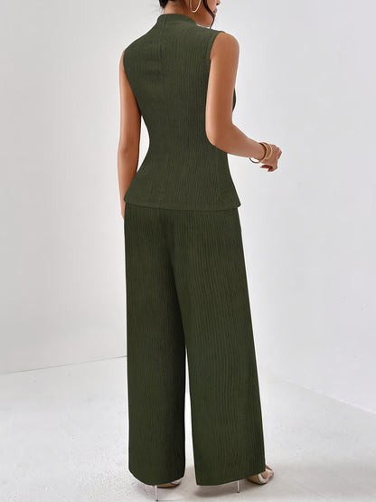 Jacquard Knit Mock Neck Sleeveless Top & Wide-Leg Trousers Set