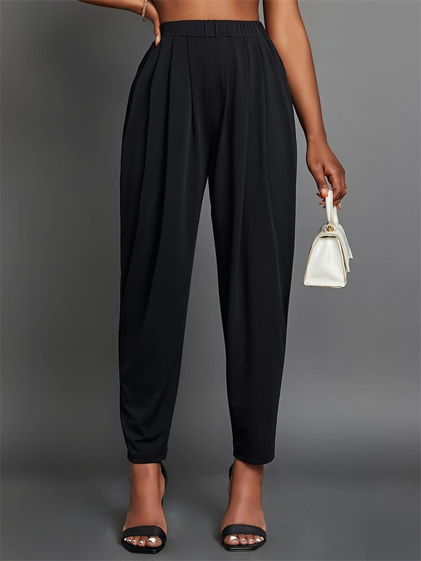 Pleated Tapered Pencil Pants with Elastic Waist