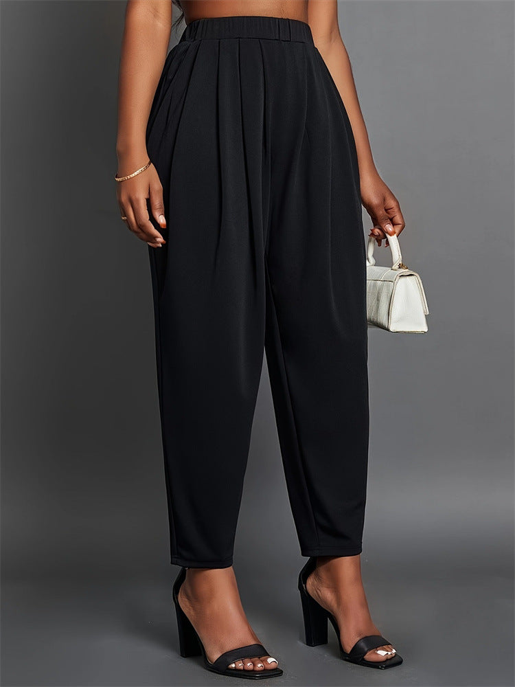 Pleated Tapered Pencil Pants with Elastic Waist
