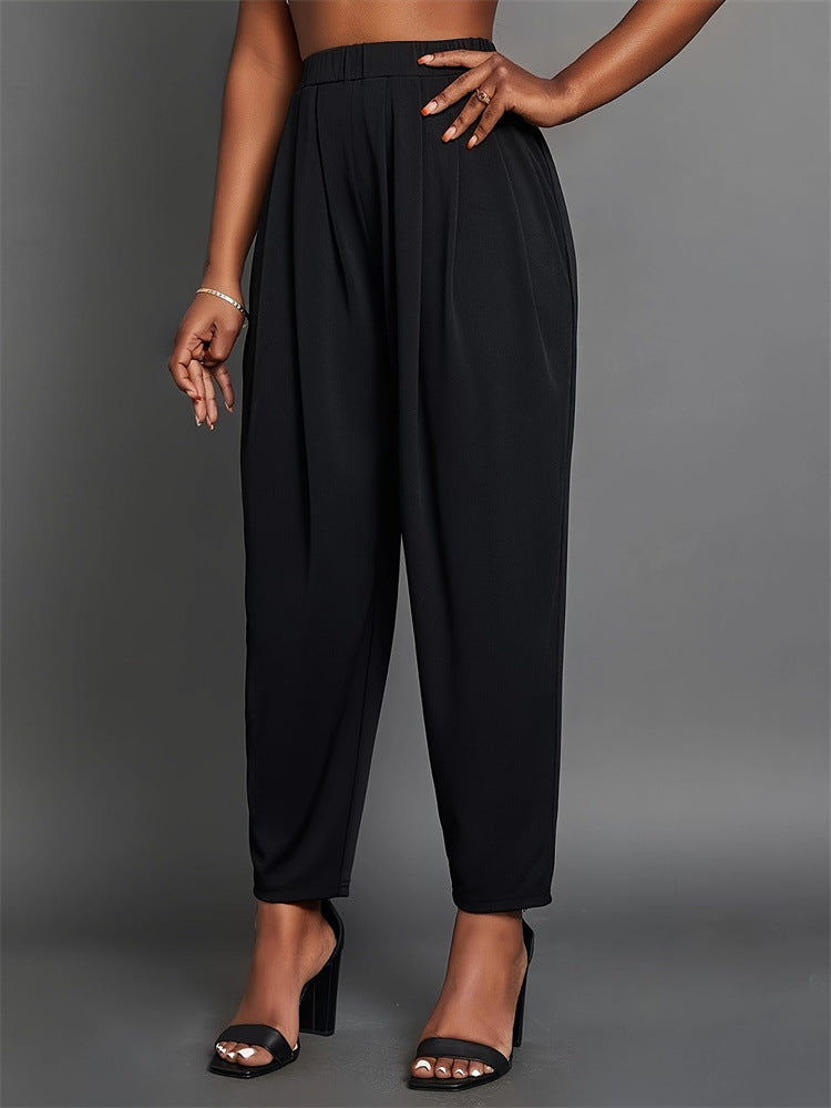 Pleated Tapered Pencil Pants with Elastic Waist