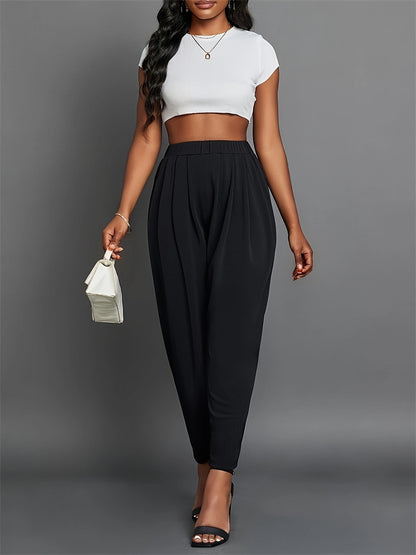 Pleated Tapered Pencil Pants with Elastic Waist