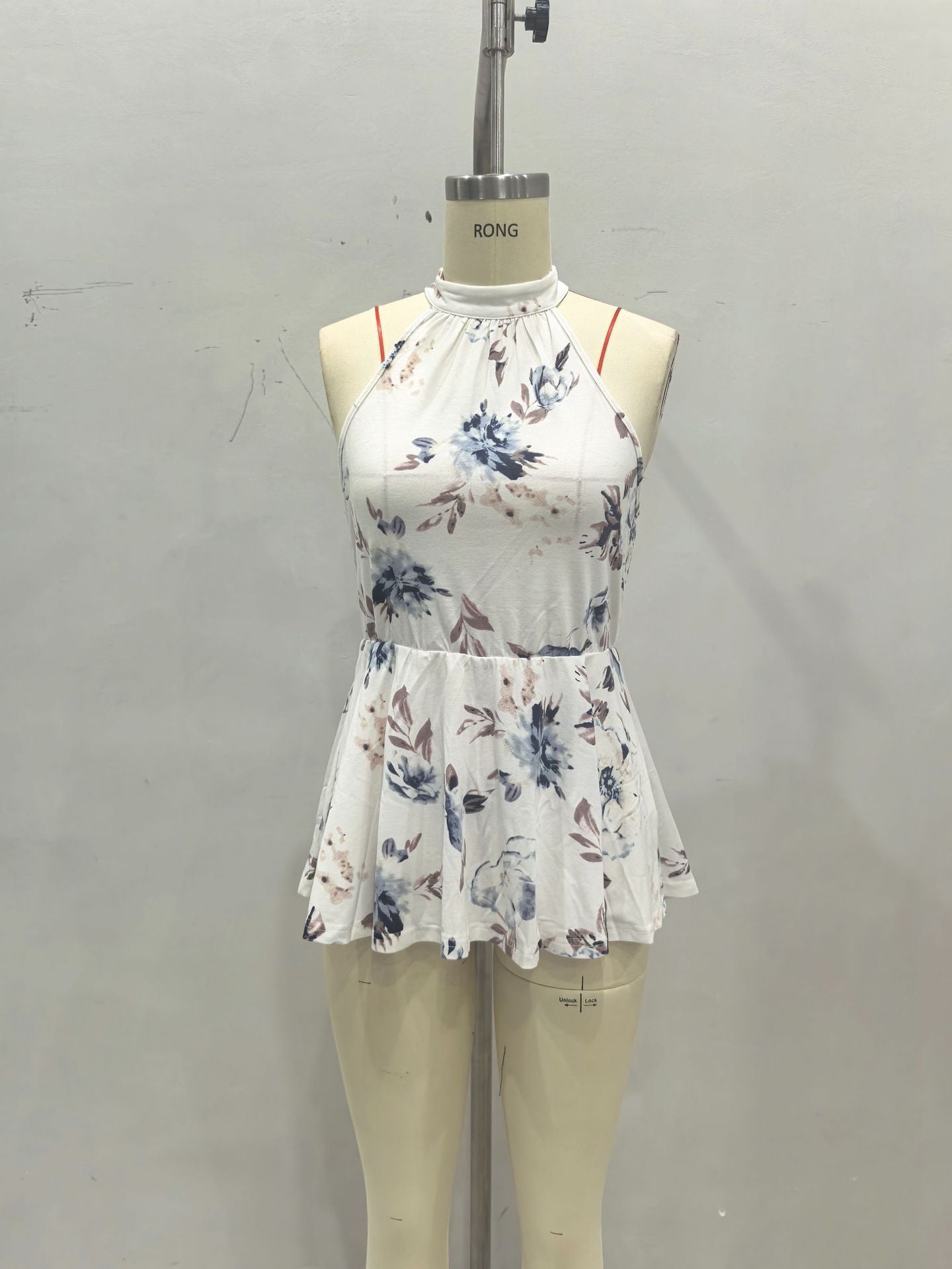 Floral Print Peplum Halter Top with Keyhole Back