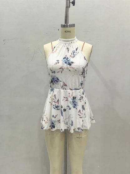 Floral Print Peplum Halter Top with Keyhole Back