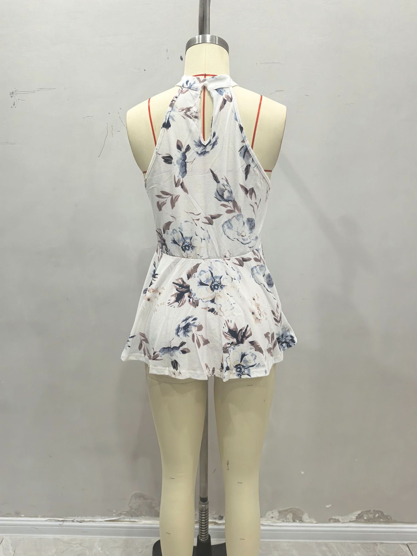 Floral Print Peplum Halter Top with Keyhole Back