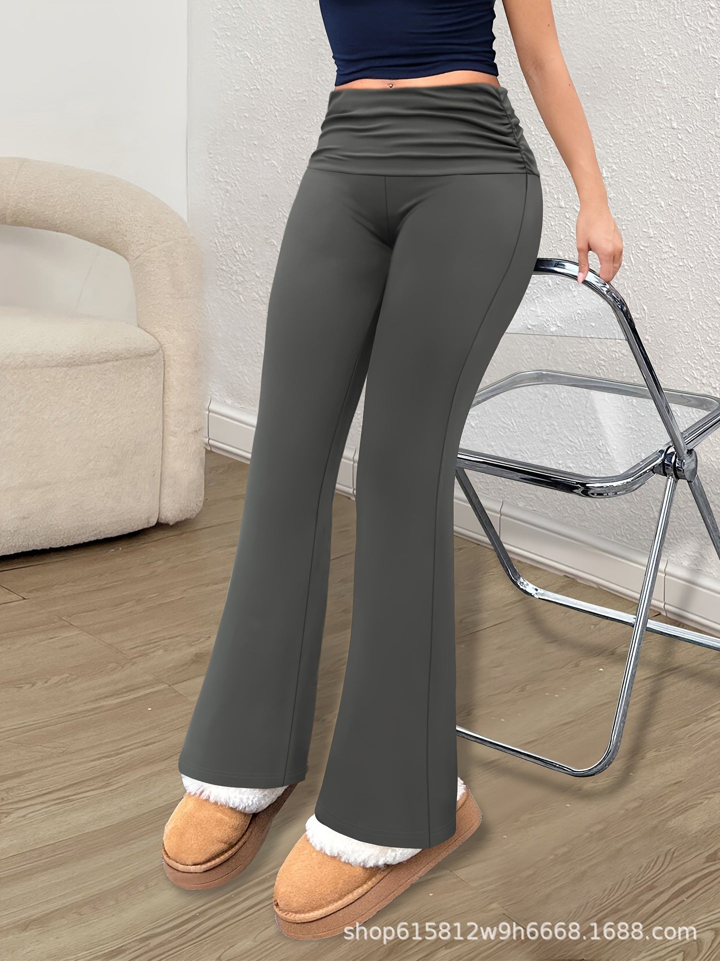Flared Knit Trousers with Pleated High Waist