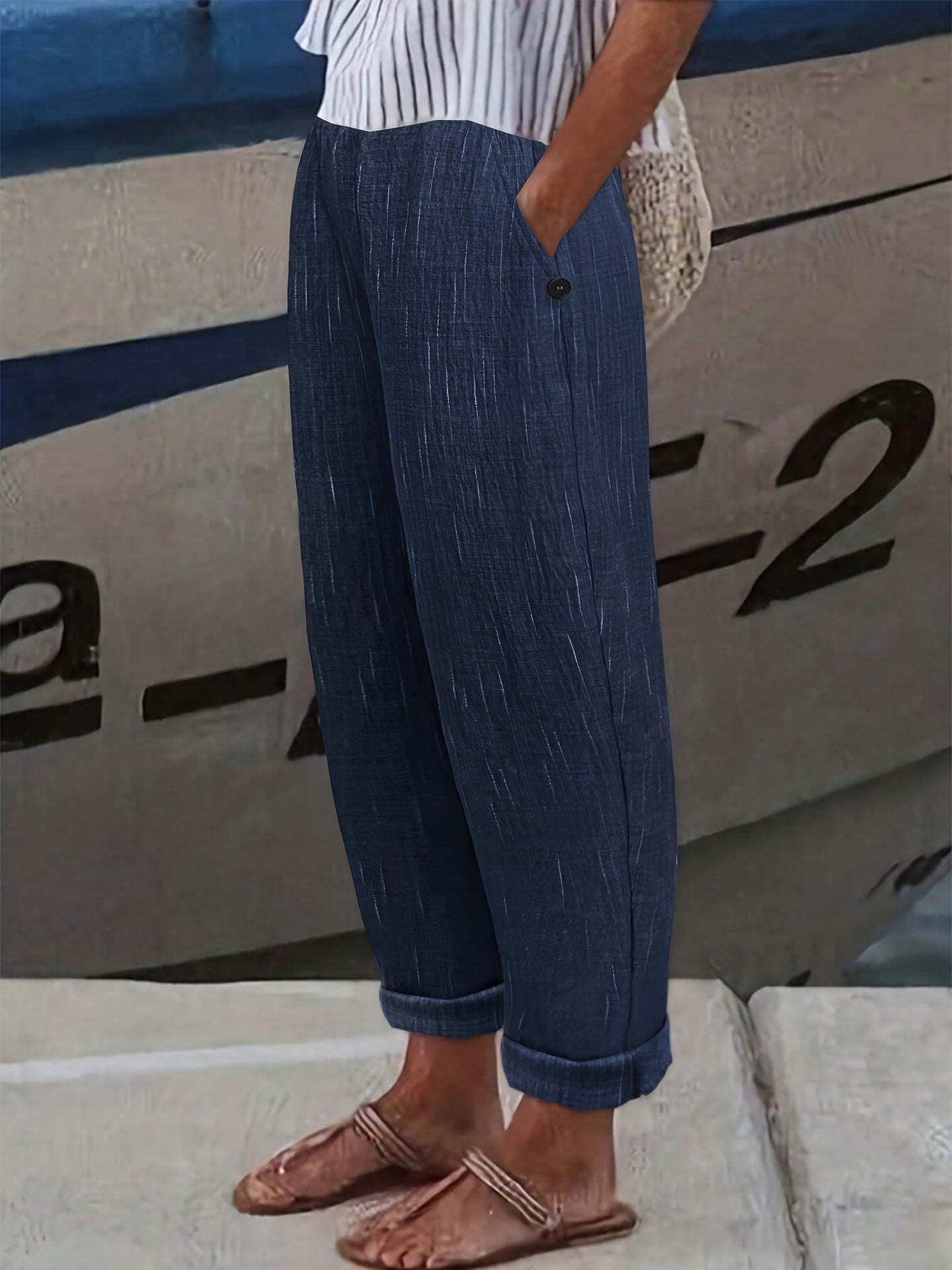 Linen-Look Straight-Leg Trousers with Pockets
