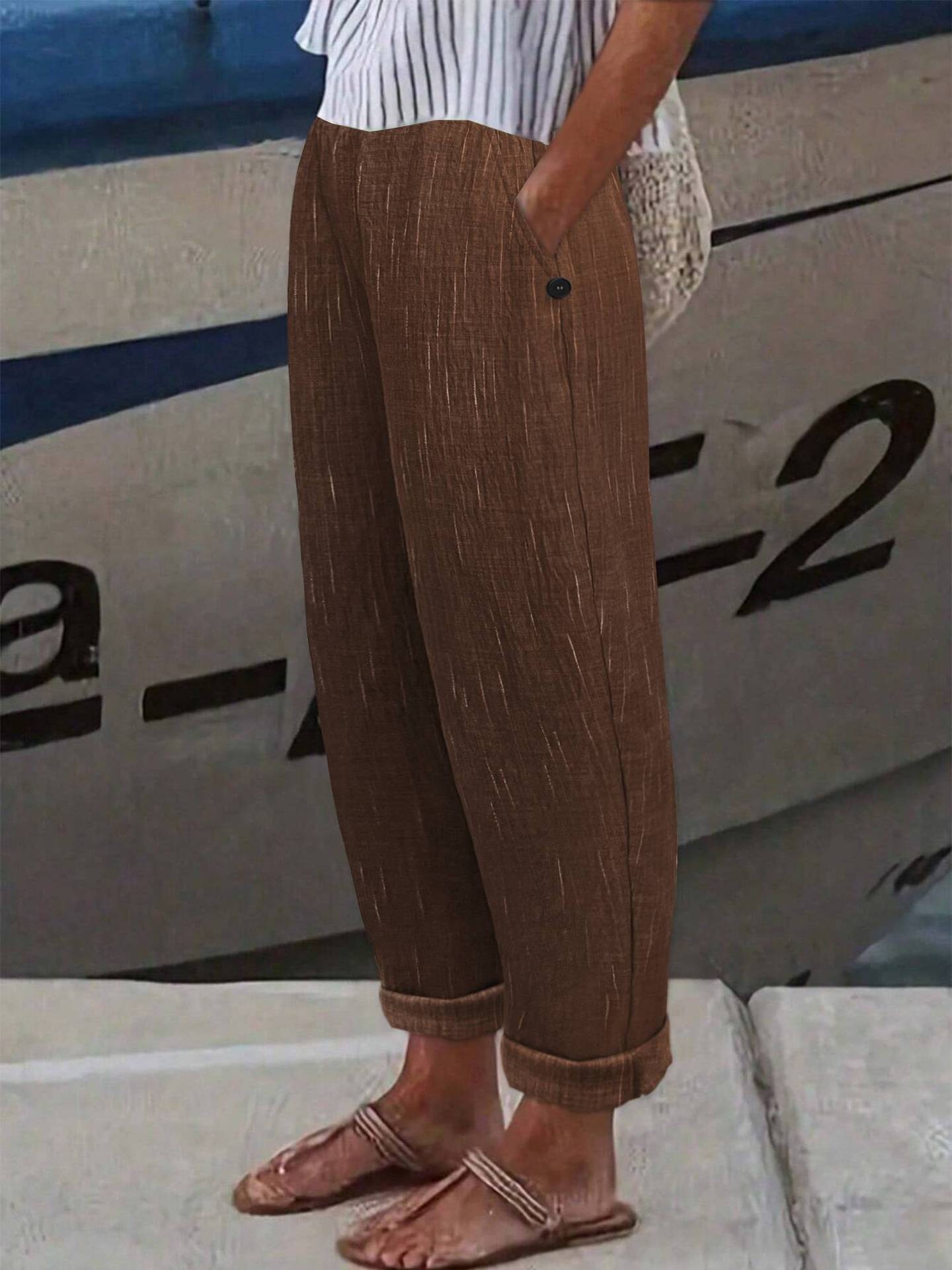 Linen-Look Straight-Leg Trousers with Pockets
