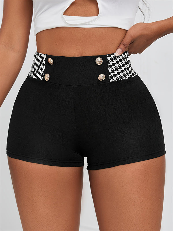 High-Waist Hot Pants with Houndstooth Band and Buttons